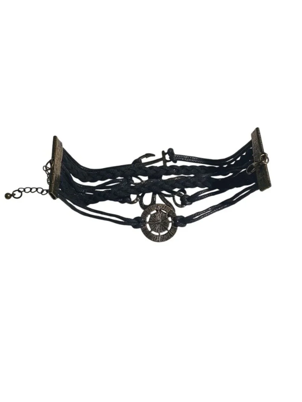 Black Leather Nautical Charm Bracelet Adjustable Anchor Compass Pendant Layered